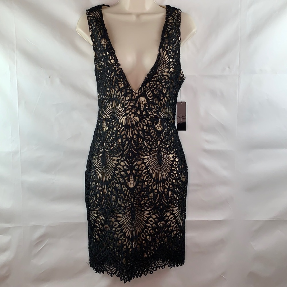 Lulus Black lace nude lined vneck sleeveless dress